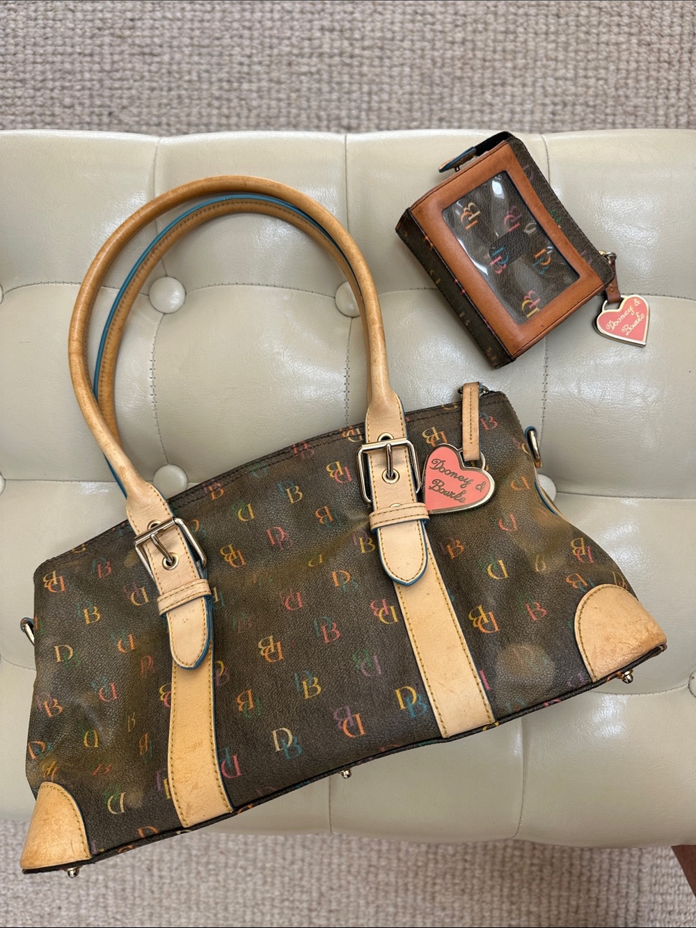 Dooney & Bourke 80’s Brown Multicolor DB Monogram Satchel w/ Matching Wallet